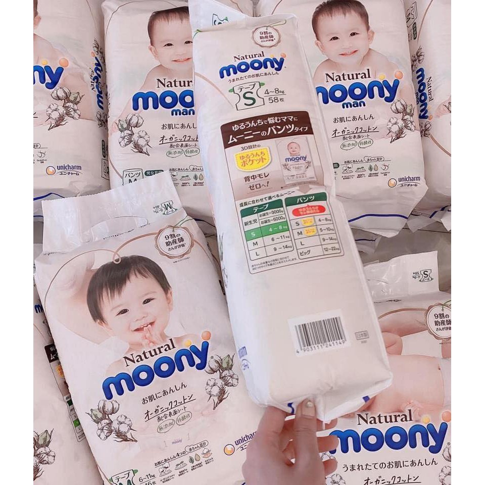 Bỉm Tã Dán /Tả Quần Moony Natural Trắng Cao Cấp Đủ Size NB63/S58/M46/L36