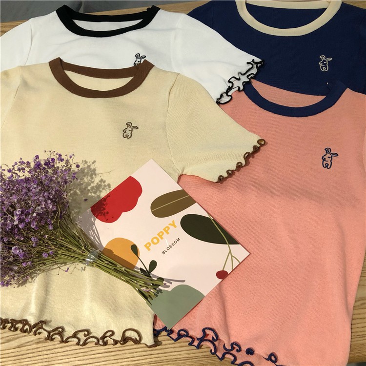 Áo Croptop Ngắn Tay Cổ Tròn Xinh Xắn Theo Phong Cách Hàn Quốc