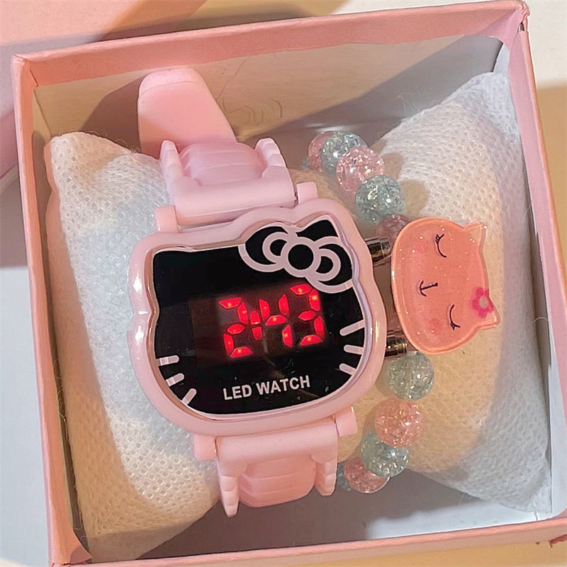 Đồng Hồ Đeo Tay Có Đèn LED Họa Tiết Hello Kitty Dễ Thương Phong Cách Nhật Hàn Cho Bé