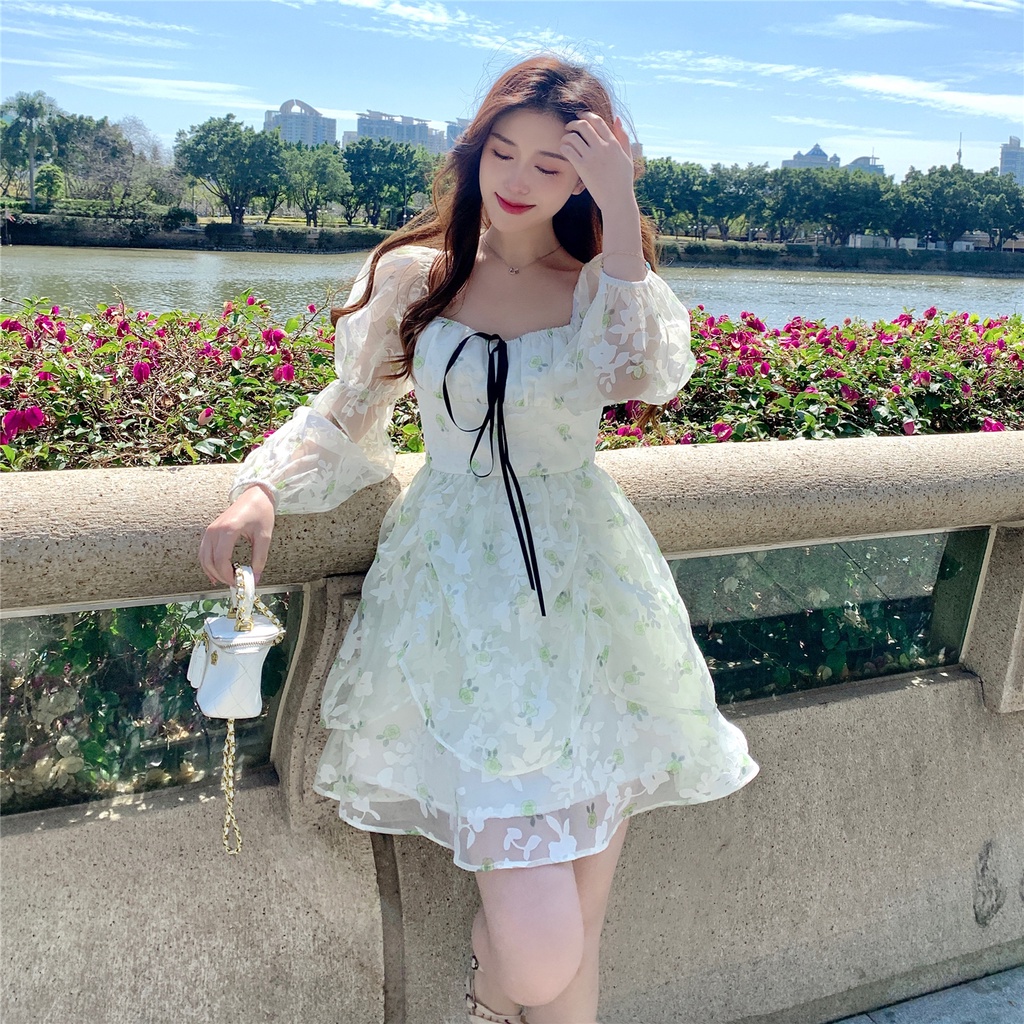Đầm Tay Dài Phối Lưới Họa Tiết Hoa Xinh Xắn Thời Trang Mùa Hè