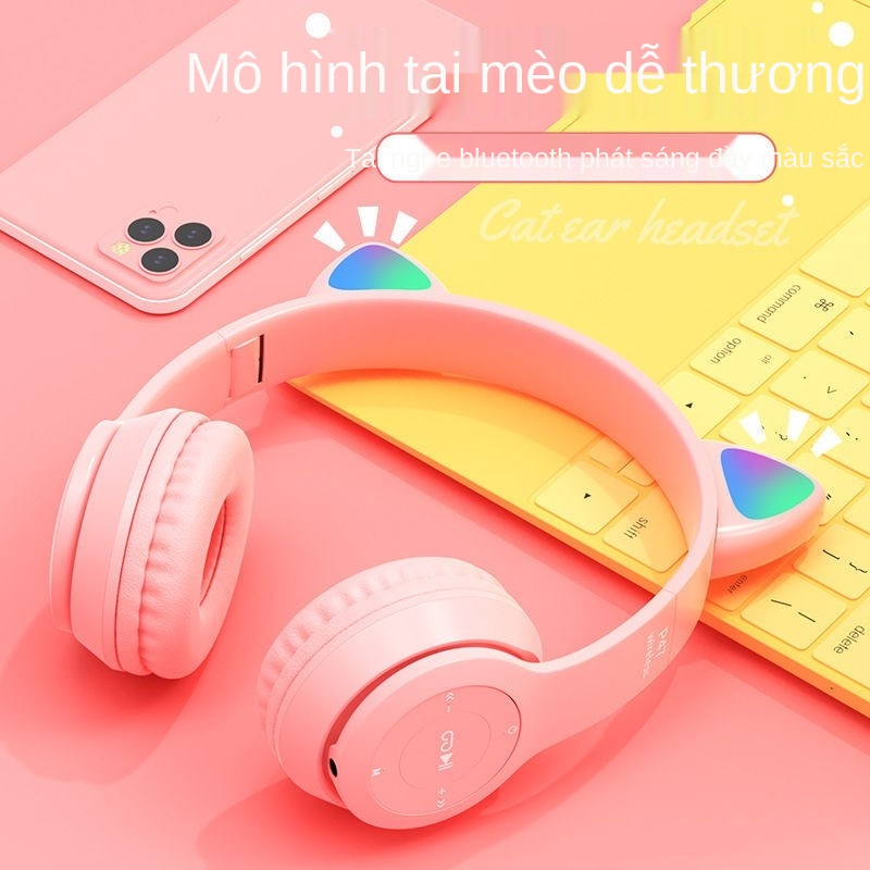 ▽Tai nghe gaming chụp Mao Duo thẻ bluetooth không dây có thể gập lại sinh viên dễ thương tay cô gái phổ quát