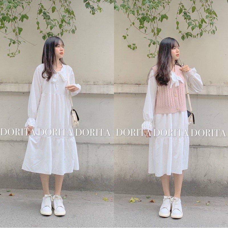 Váy trắng dài cổ nơ, Váy đũi trắng cổ nơ dáng dài phong cách Hàn Quốc | BigBuy360 - bigbuy360.vn