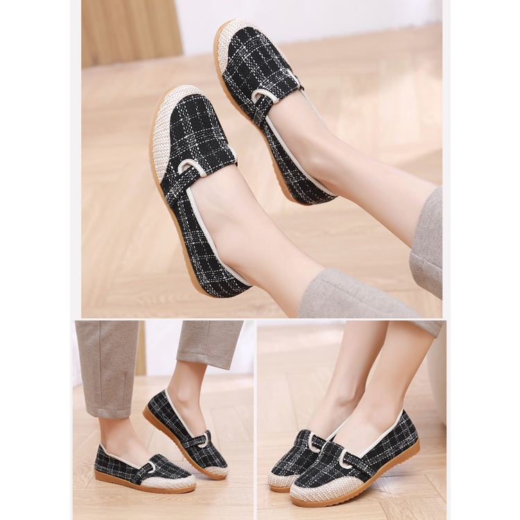 Giày lười nữ vải mềm mũi tròn đế bệt cao 2cm đen và trắng