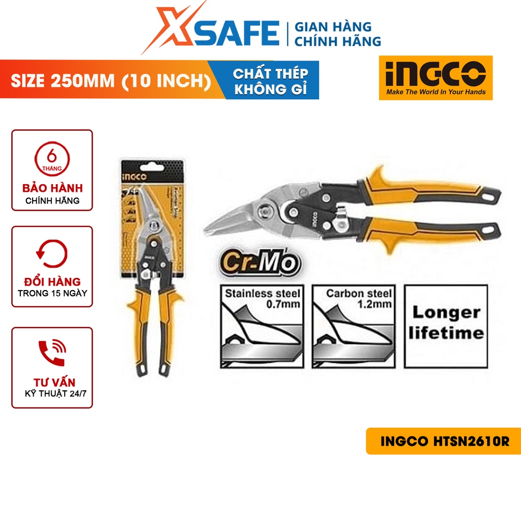 Kéo cắt tôn (cắt phải) INGCO HTSN2610R 10 inch Kéo cắt bên phải thép Cr-Mo độ cứng cao, bền bỉ