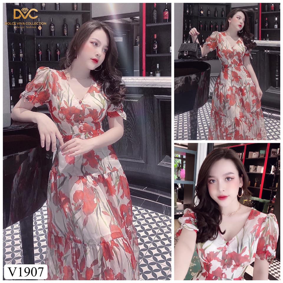 VÁY HOA ĐUÔI CÁ CỔ V - HÀNG THIẾT KẾ DVC