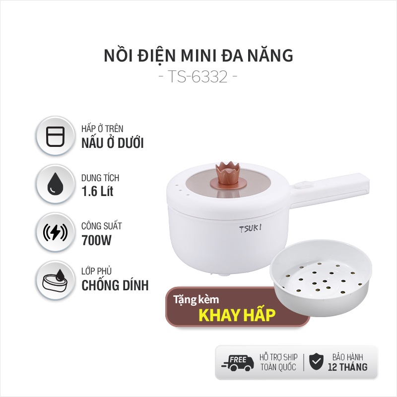 Nồi điện mini STUKI đa năng 2 tầng, dung tích 1.6L, tự động ngắt , nồi lẩu, hấp, chiên, xào bảo hành 12 tháng