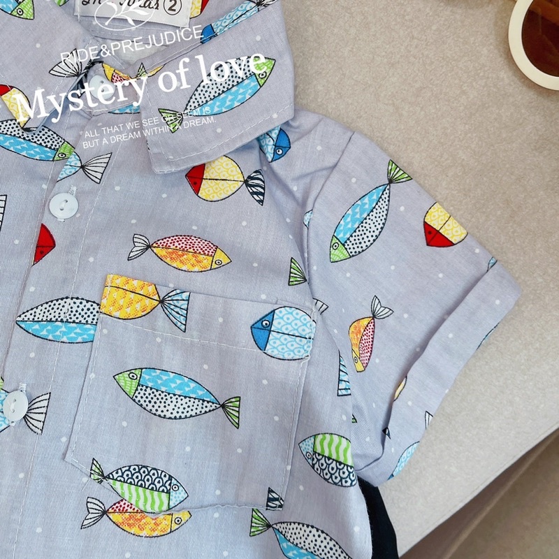 Set áo sơ mi hoạ tiết cá cho bé trai kèm quần đùi KAYN