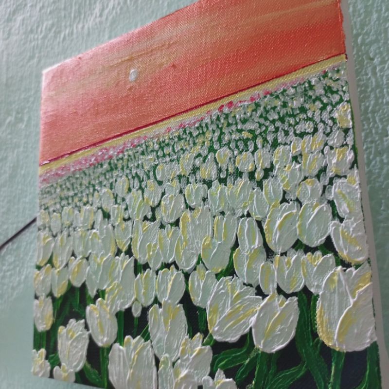 Tranh Acrylic vẽ tay trên vải Canvas "Hoa tulip trắng" khung gỗ 20*20cm