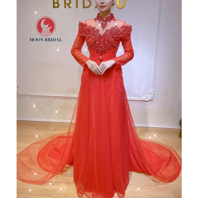 Áo dài cưới cô dâu cao cấp tà lê kết đá