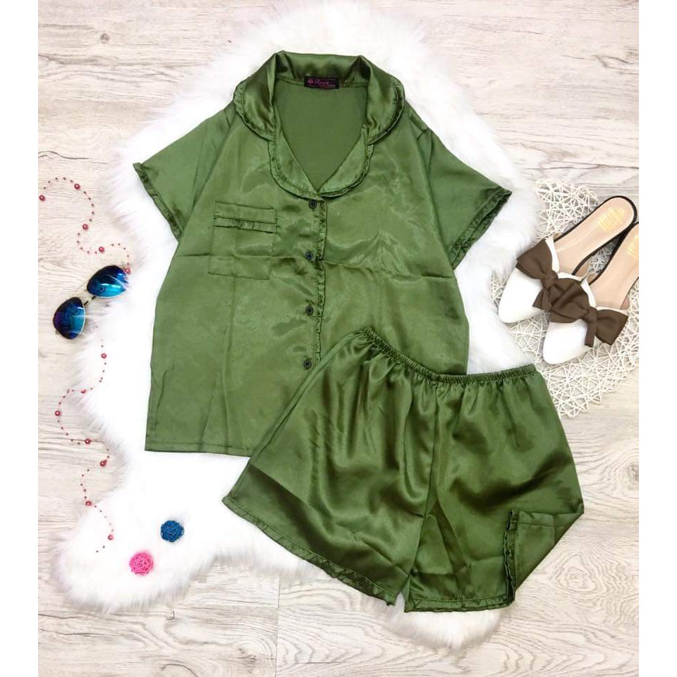 Bộ Lụa PIJAMA Bèo Nhún Tay Ngắn Quần Đùi.HÌNH THẬT 100%