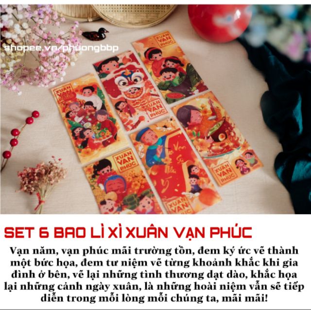 Bao lì xì tết 2024 chất liệu giấy mỹ thuật Nhật Bản cao cấp thiết kế đầy ý nghĩa 1 set 6 cái