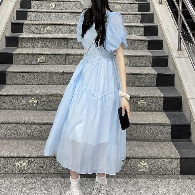 Đầm Tay Phồng Màu Xanh Dương Ngọt Ngào Phong Cách Pháp Mùa Hè Cho Nữ