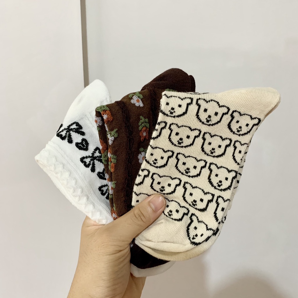 Combo 4 đôi tất vớ nữ cổ cao nhún hình gấu nâu len gân tăm mỏng thoáng cực đẹp hot trend
