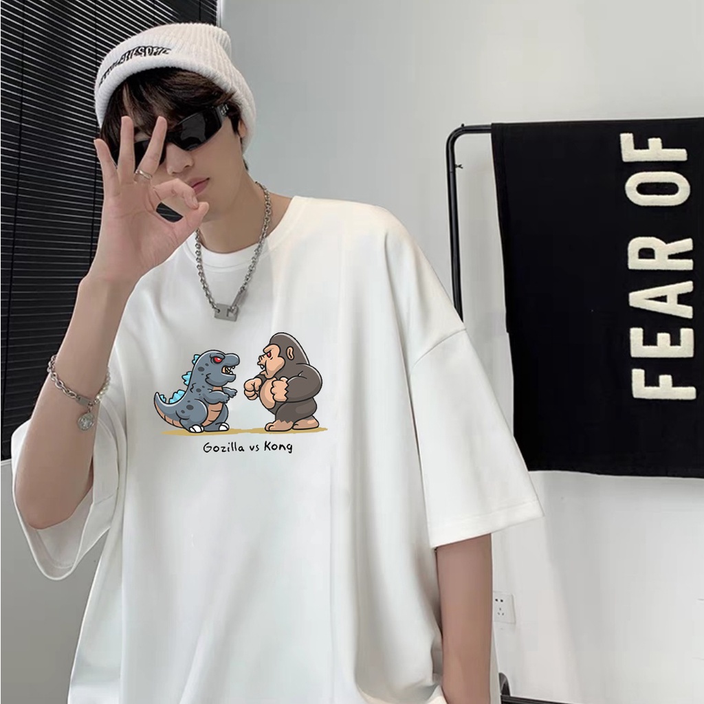 Áo thun tay lỡ nam nữ form rộng Gozila và Kong hoạt hình dễ thương vải dày mịn