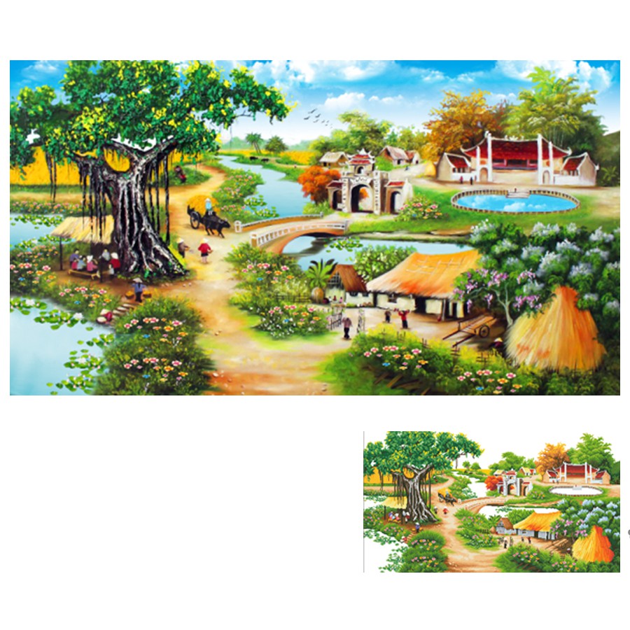 Tranh Đính Đá LÀNG QUÊ THANH BÌNH. Kích Thước: 1m60 x 75cm - 2m x 85cm