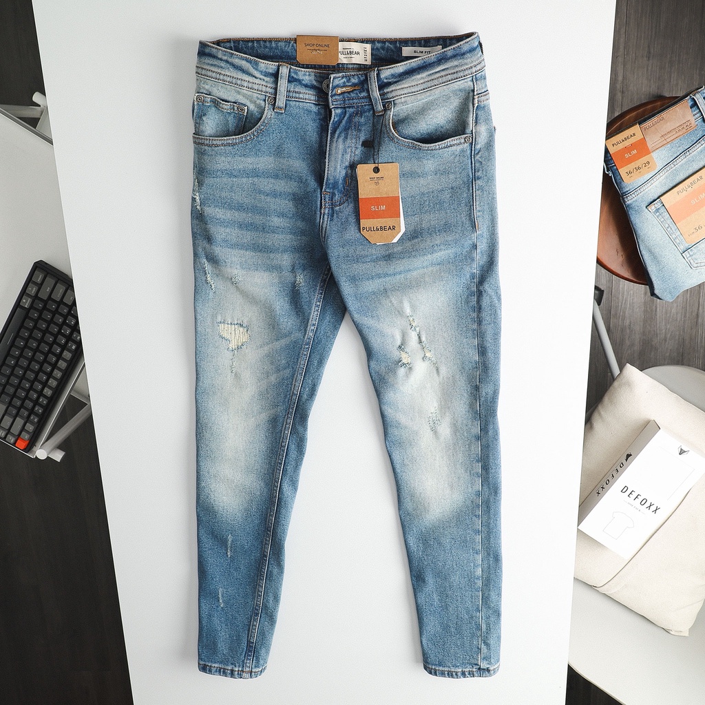 Quần Jean Nam Pullbear xanh wash ziczac (Form Slimfit,chất vải co dãn,ống quần 15-18cm,hàng VNXK) JPB0507