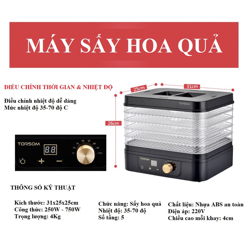 [Sẵn] Máy sấy hoa quả thực phẩm 5 tầng Torsom TS-D2 sấy khô sấy dẻo chức năng hẹn giờ