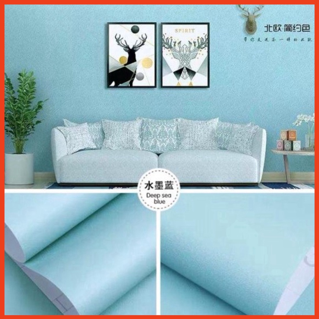 Giấy dán tường cuộn 10m màu xanh trơn vân nổi - 10m decal dán tường màu xanh vân nổi có keo sẵn