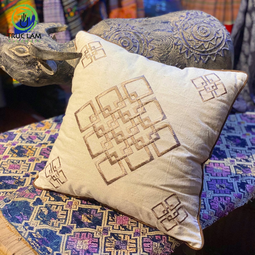 Gối/Vỏ Gối Vuông Tựa Lưng Sofa (45x45) Trang Trí Phòng  Vải Linen Thêu Thủ Công Hình Ô Vuông Kép - T