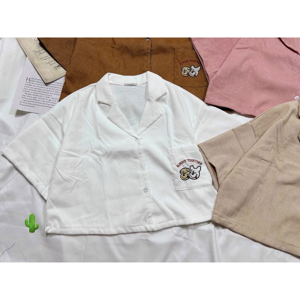 ÁO SƠ MI NỮ TAY NGẮN DÁNG CROPTOP CHẤT NHUNG GÂN SIÊU DÀY DẶN, DỄ THƯƠNG XINH XẮN