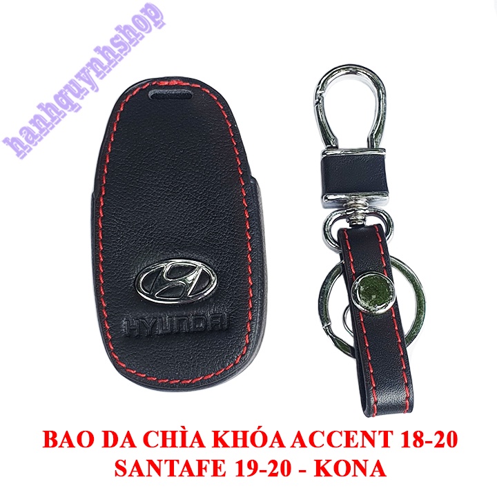 Bao da chìa khóa Hyundai Accent 2018-2020, Santafe 2019-2020, KONA màu đen chỉ đỏ tặng kèm móc