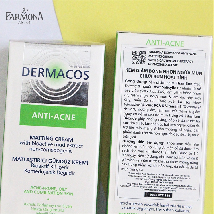 [TEM PHỤ-NHẬP KHẨU] Kem Dưỡng Dermacos Giảm Bóng Nhờn, Ngừa Mụn Anti-Acne Matting Cream 50Ml