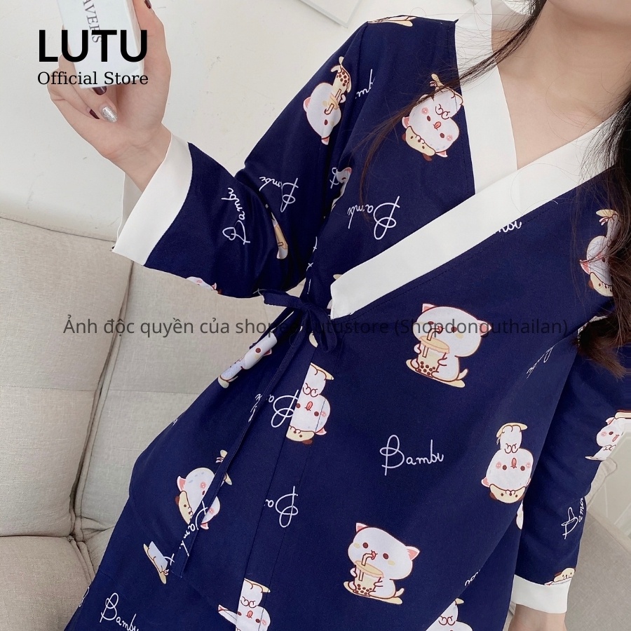 Bộ Pijama Kimono Dài Tay Phối Viền Họa Tiết Dễ Thương Chất Mềm Mịn