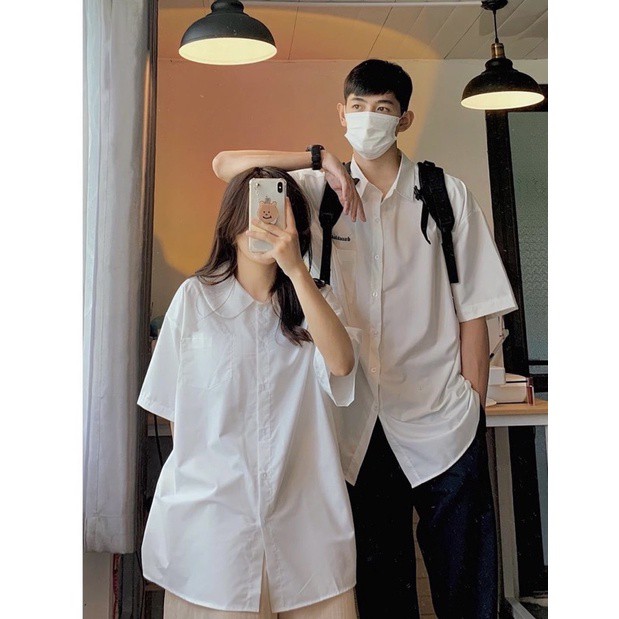 Áo Sơ Mi Học Sinh Cổ Sen Cộc Tay - Áo Sơ Mi Hai Màu Xanh, Trắng( Kèm ảnh thật)