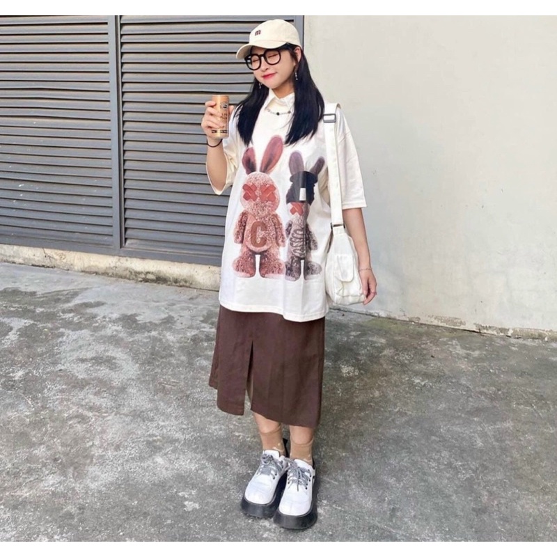 [Rẻ vô địch] Áo thun cotton tay lỡ dáng rộng unisex thỏ C đôi