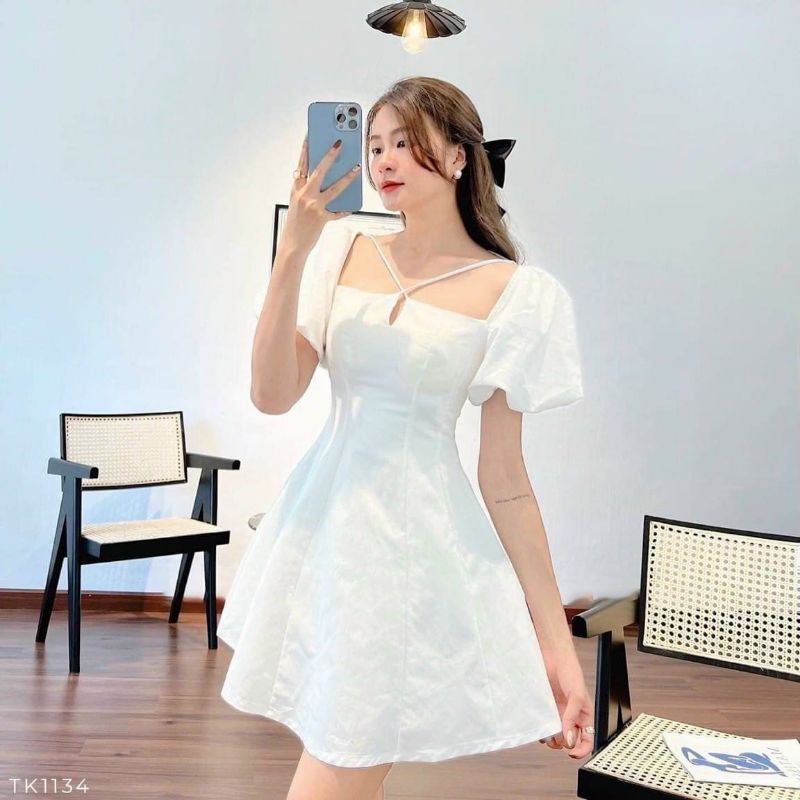 Đầm trắng xòe cổ yếm form ngắn 2 lớp dự tiệc HANADRESS