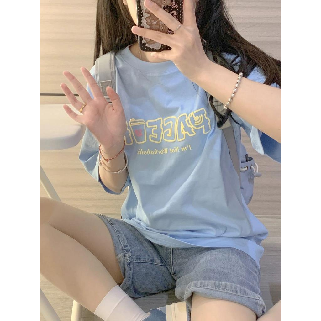 62193 Áo Thun Tay Ngắn Màu Xanh Nguyên Chất Cotton