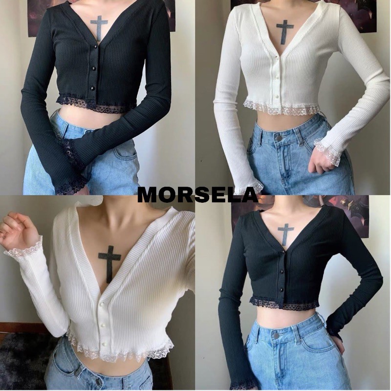 Áo croptop nữ dài tay phối ren hot trend - Áo crt nữ kiểu - Morsela