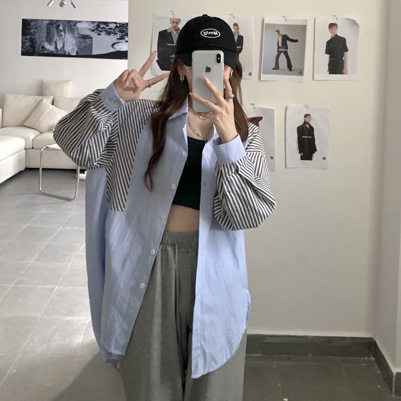 Áo Sơ Mi Tay Dài Kẻ Sọc Thời Trang Retro Hồng Kông Cá Tính