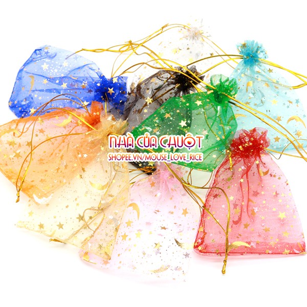 Túi vải voan lưới có dây rút họa tiết trăng sao vàng lấp lánh kích thước 9x12 - mouse love rice
