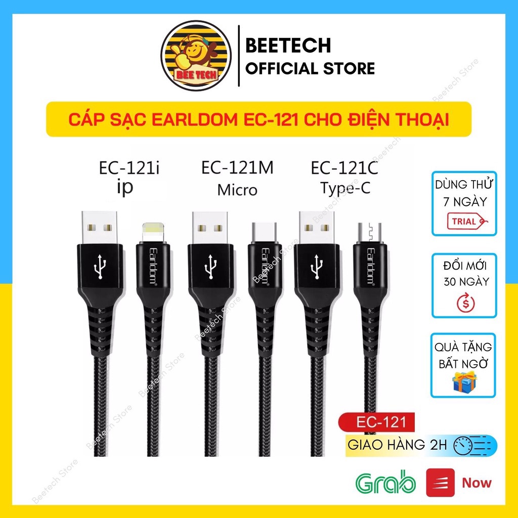 Cáp sạc nhanh, dây sạc chống gãy đầu Earldom EC 121 Cho ip/Micro USB/TypeC - Beetech