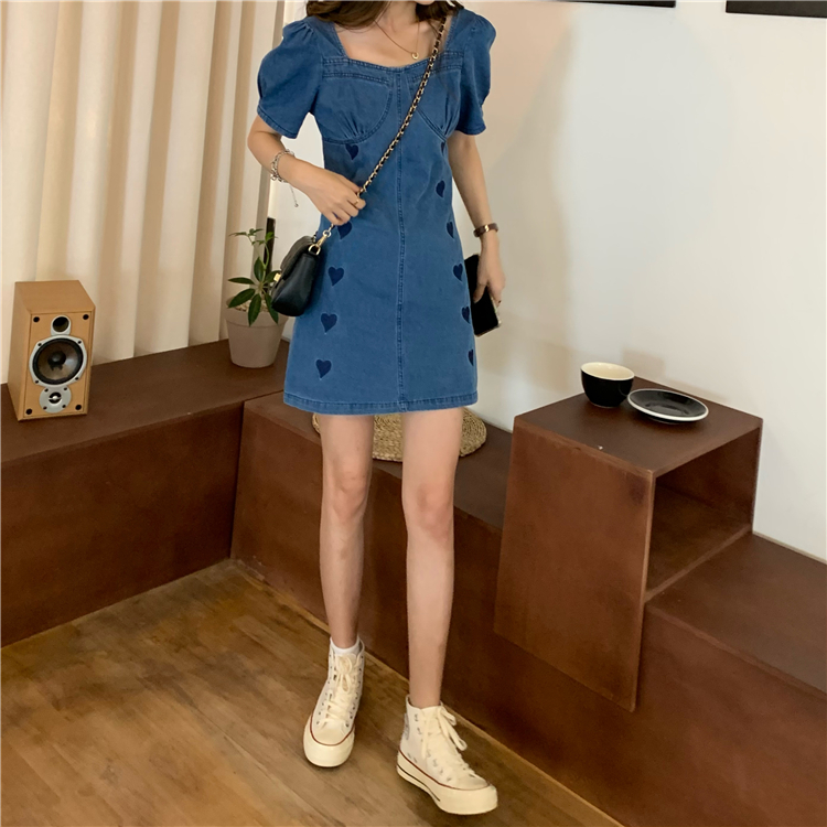 Đầm Denim Dài Phối Ren Thêu Họa Tiết Thời Trang Hàn Quốc