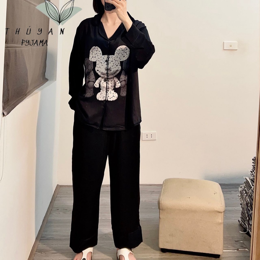 Bộ Pijama nữ bigsize tai chuột trắng tay dài chất lụa Mango ko nhăn dành cho nữ, mẹ bầu 60 -90kg