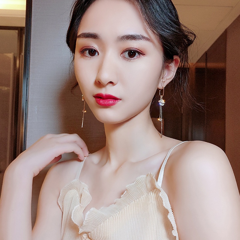 Bông Tai Tua Rua Dáng Dài Bằng Bạc 925 Hình Mặt Trăng Ngôi Sao Phong Cách Hàn Quốc Thời Trang Cho Nữ