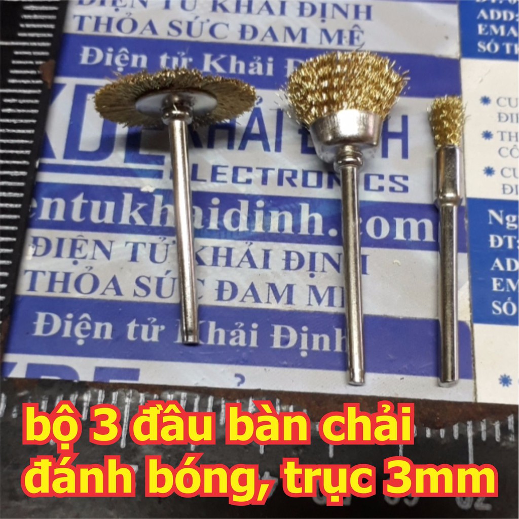 Combo 3 đầu bàn chải, 3 kiểu dùng mài, đánh bóng kim loại, ốc vít, board đồng… trục 3mm kde5508