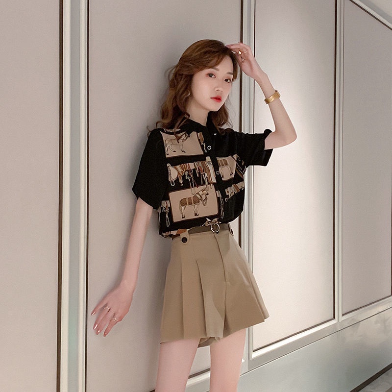Short sleeve women's printed shirt 2022 new summer top women's Design Hong Kong style shirt women's Retro Hong Kong Style