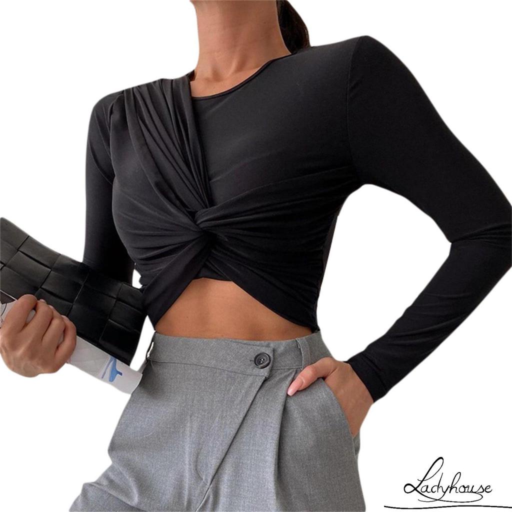 Áo thun tay dài cổ tròn màu trơn thời trang xuân hè cho nữ