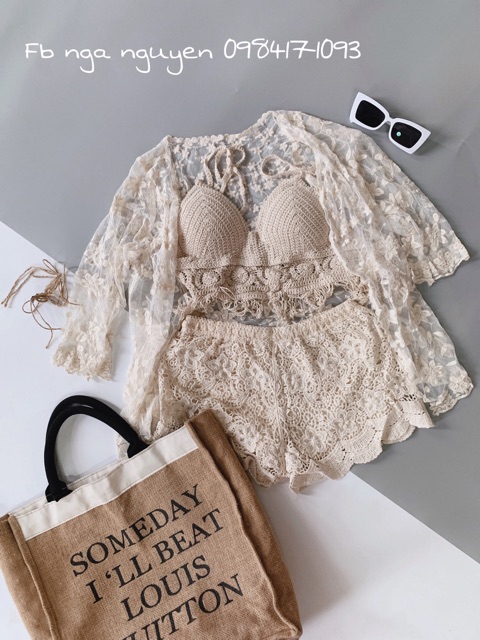 Set biển - set 3 món - bra hoa tròn tua rua + quần cạp nhỏ hoa đều + choàng ren hoa nhỏ (có tách rời)