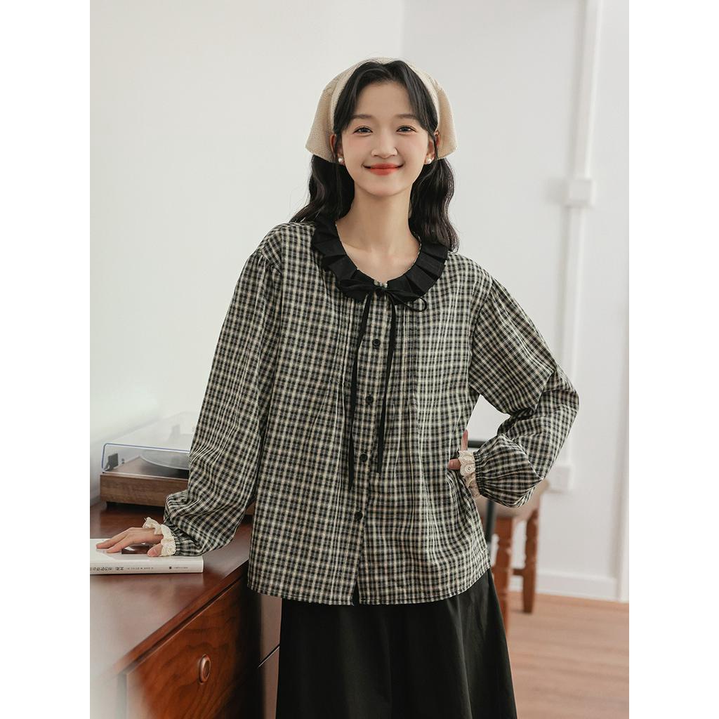 Áo Sơ Mi Sọc Ca Rô Màu Sắc Tương Phản Phong Cách retro Mùa Thu 67403