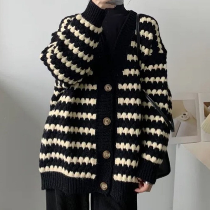 Áo Sweater Tay Dài Màu Sắc Tương Phản Thời Trang 208246 Áo Khoác Dệt Kim Dáng Rộng Kẻ Sọc Kiểu Retro Hàn Quốc