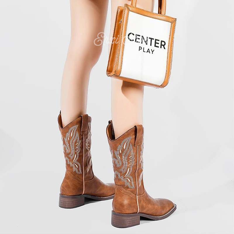 Oeteo Giày Bốt Cao Bồi Thêu Hình Chữ V Thời Trang Phương Tây Mùa Thu Cho Nữ