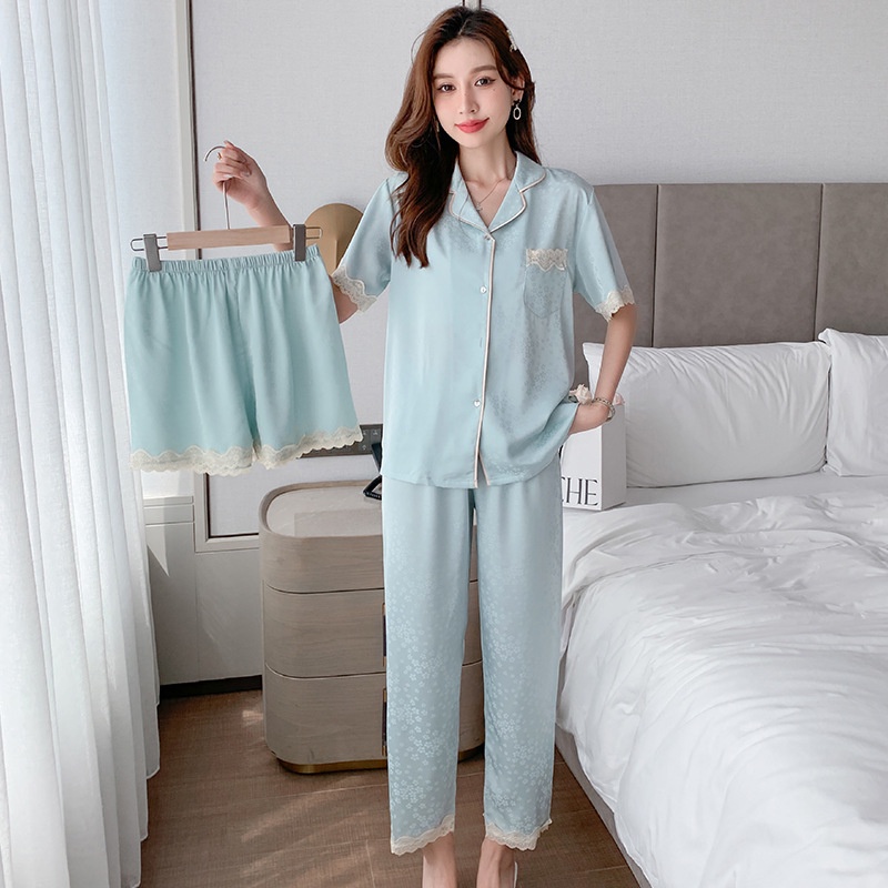 Bộ Đồ Ngủ 3 Món Tay Ngắn Chất Lụa Phối Ren Thời Trang Mùa Hè Quyến Rũ Cho Nữ