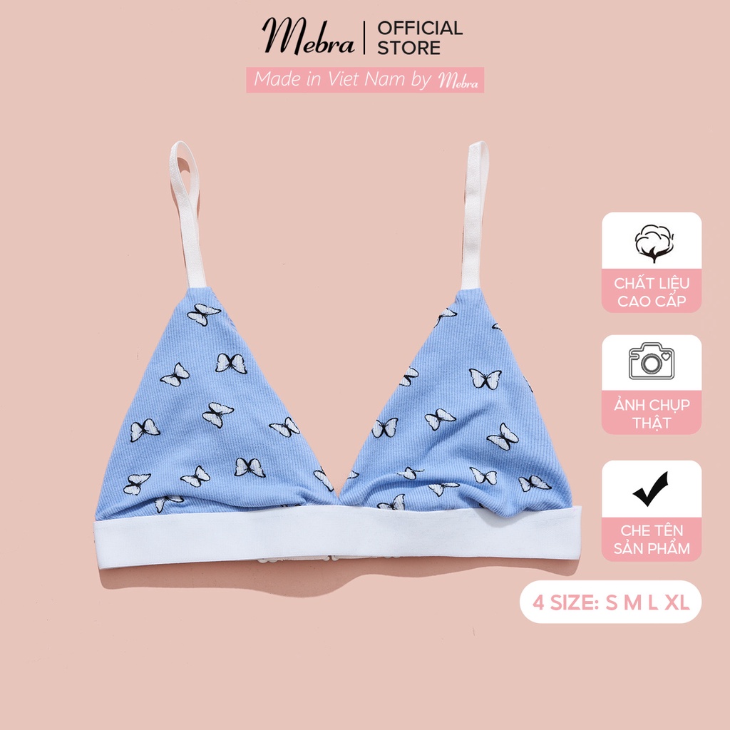 Áo lót không gọng không đệm có tặng mút đệm mỏng cotton kháng khuẩn thoáng khí màu xanh hoạ tiết butterfly Mebra A050