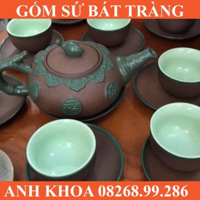 Ấm chén dáng đào Phúc Lộc Thọ xanh - Gốm sứ Bát Tràng Anh Khoa