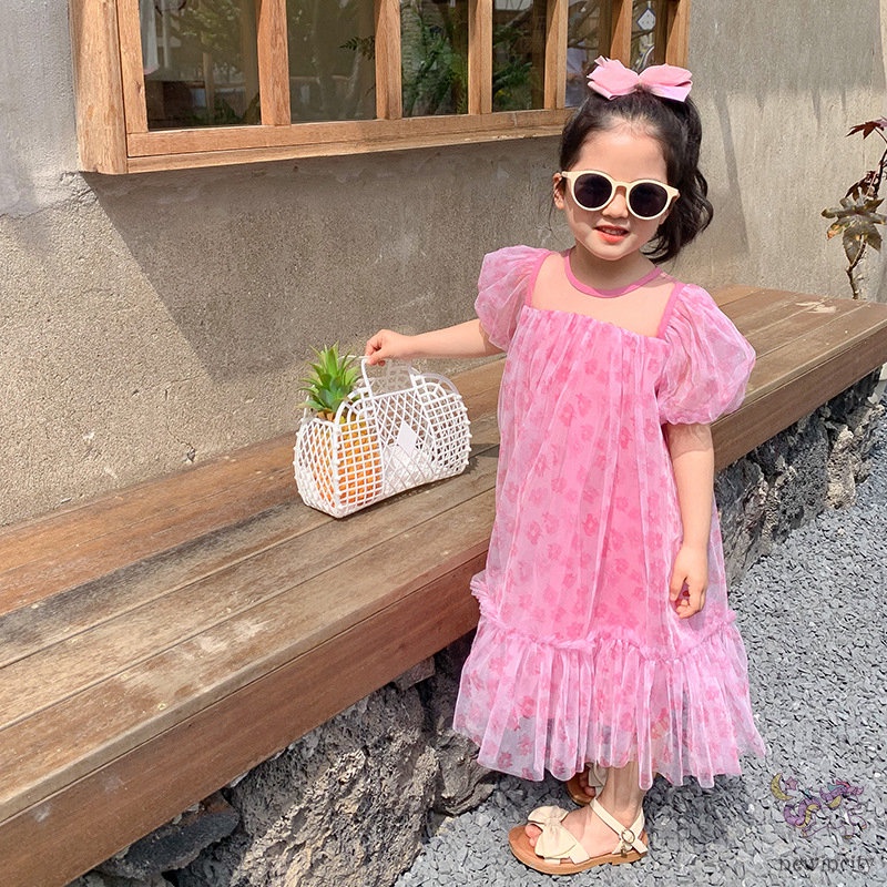 Đầm Công Chúa Phối Lưới Họa Tiết Hoa Phong Cách Hàn Quốc Dễ Thương Thời Trang Mùa Hè Cho Bé Gái