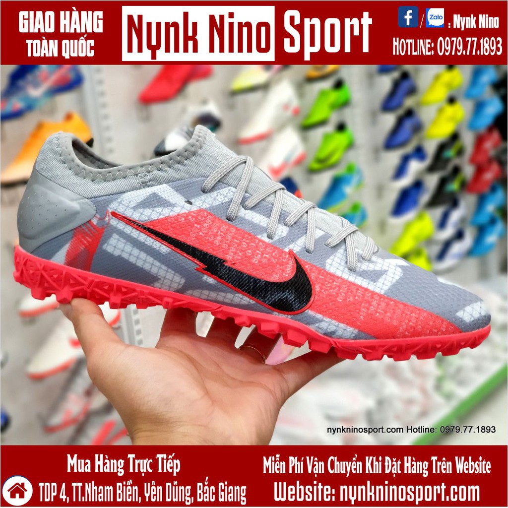Giày Bóng Đá Mercurial Vapor 13 Pro Xám Hồng Vạch Đen Cổ Lửng TF